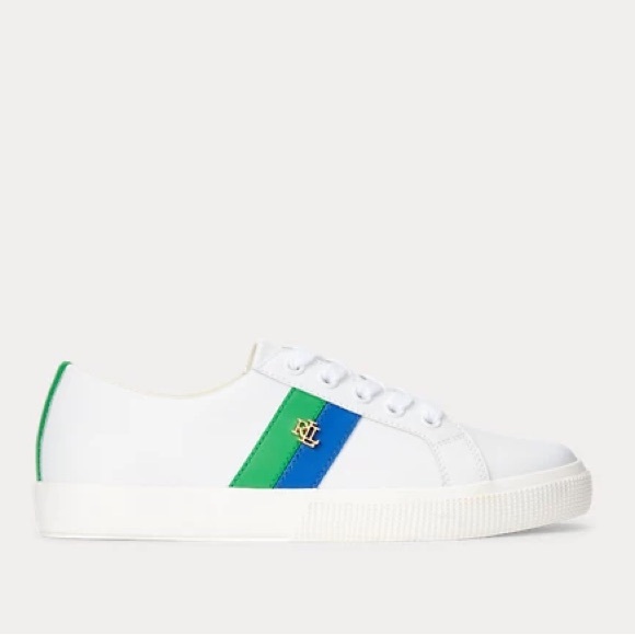 Lauren Ralph Lauren Jason II White Cow Leather Sneakers Blue/Green Stripes US8 - Picture 2 of 15